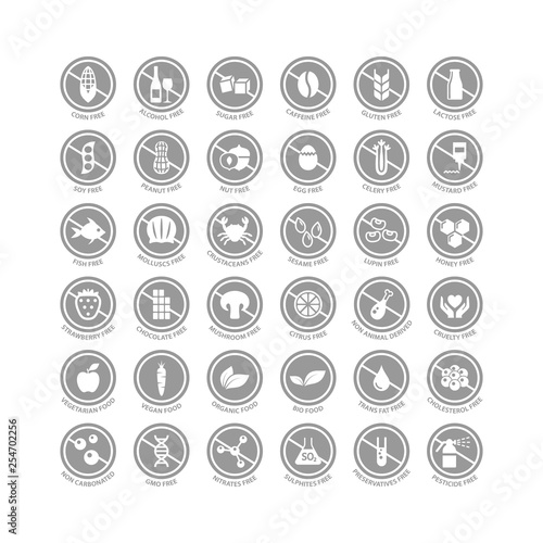 Food ingredients free, gluten, dairy free, organic, vegetarian food label set. Corn, soy, alcohol, sugar free circle vector badge sign set for packaging instructions.