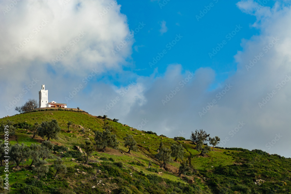 The Spanish Mosque on a Hill with the Sky Overlooking Chefchaouen Morocco