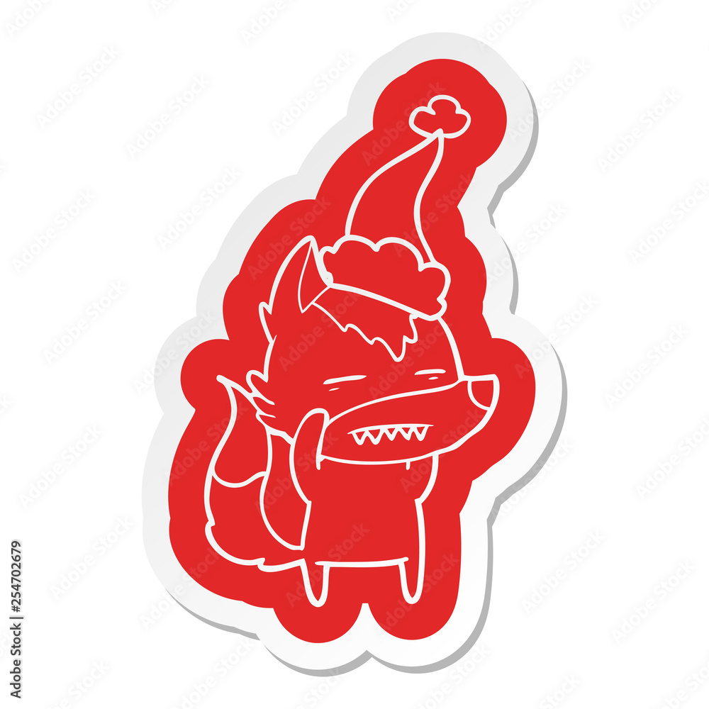 cartoon sticker of a wolf showing teeth wearing santa hat cartoon sticker of a wolf showing teeth wearing santa hat
