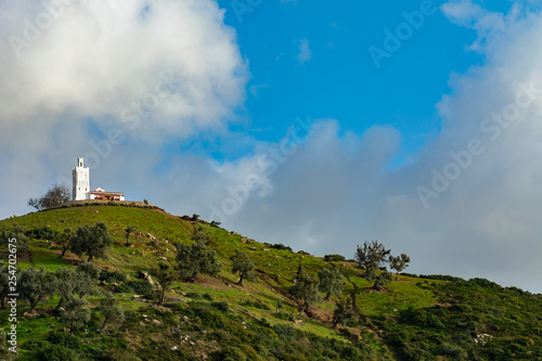 The Spanish Mosque on a Hill with the Sky Overlooking Chefchaouen Morocco