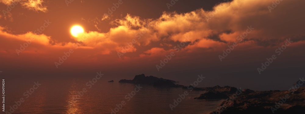 Obraz premium Panorama of the sea at sunset, the sun among the clouds over the sea, the seashore at sunset