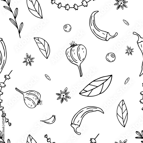 Seamless vector pattern of elements with hand drawn spice on a white background.