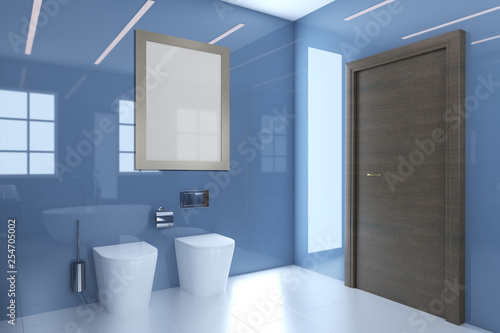 View of the wash basin and bidet in the blue bathroom.. Blank paintings.  Mockup. 3D rendering