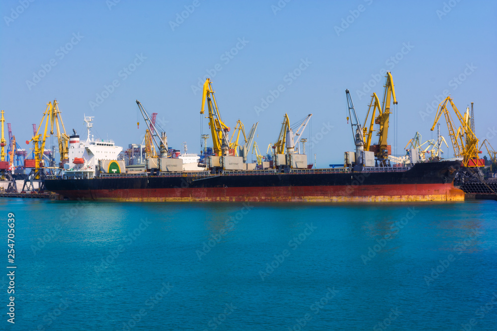 Bulk carrier ship in the port on loading. Bulk cargo ship under port crane bridge. Panorama of the port cranes ships.