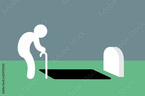 Weak aged old man is standing near grave hole in graveyard and cemetery - dying and coming to death / mourning and grieving widower. Vector illustration