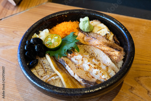 sashimi raw fish seafood rice bowl - sashimi on rice, donburi, japanese food