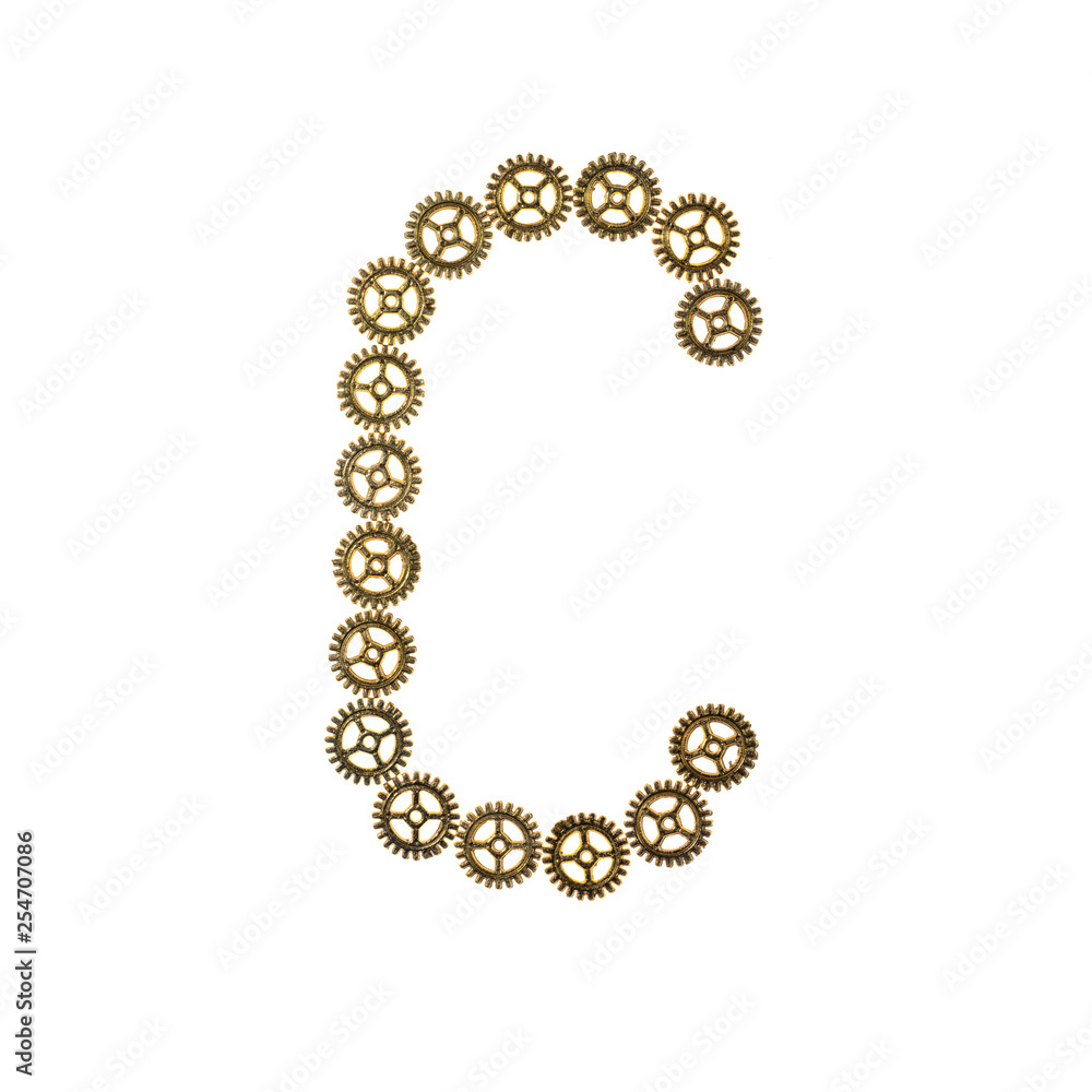 Alphabet letter C made of metal gears. Isolated on white background. Steampunk style
