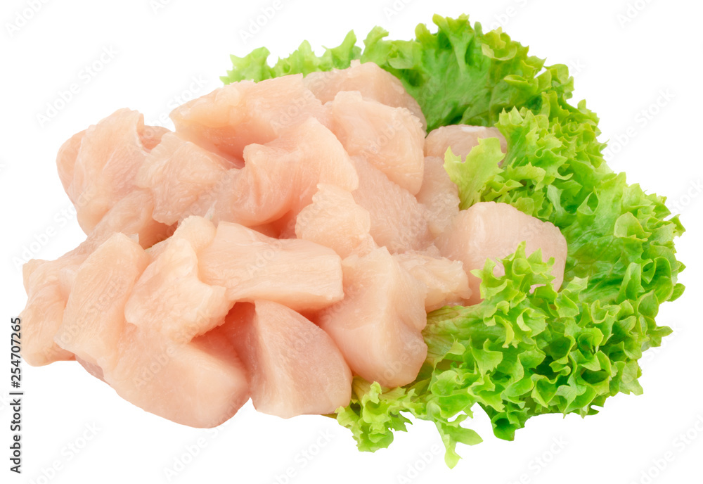 Raw chicken breast fillets with lettuce isolated on white background Raw chicken breast fillets with lettuce isolated on white background