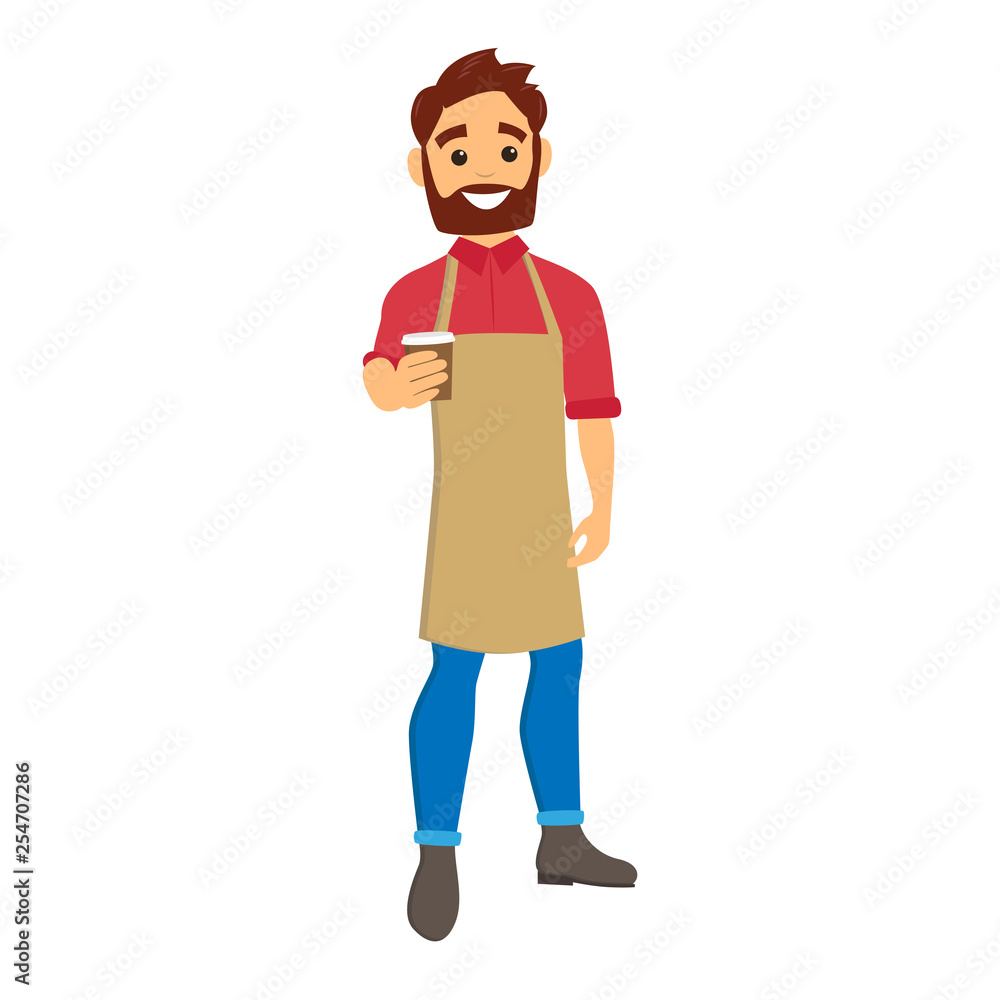 Barista giving coffee to go. Young man with a beard and an apron. Character vector illustration