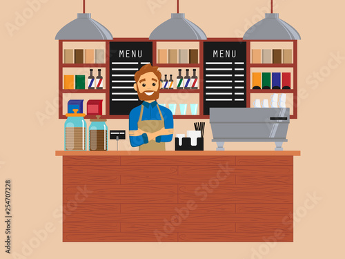 Barista in a cafe interior. Design of coffee shop, coffee bar. Vector illustration in flat style