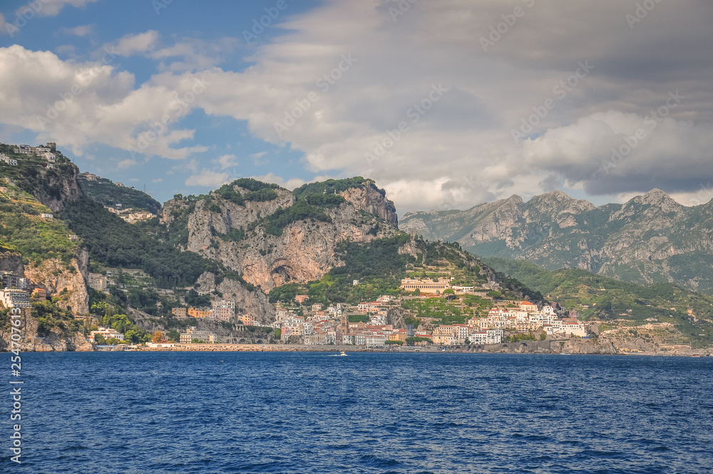 Panorama of the town of Amalfi seen from the sea