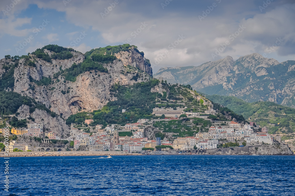 Panorama of the town of Amalfi seen from the sea