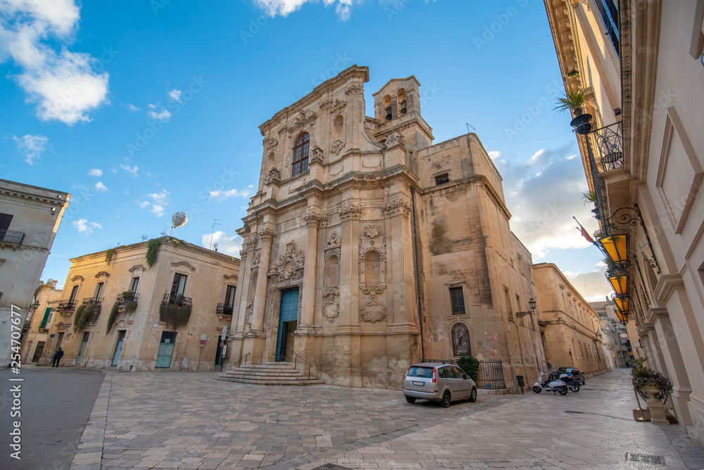 Lecce, Puglia, Italy - Facade of catholic Church of Saint Clare (Chiesa di Santa Chiara) in Piazzetta Vittorio Emanuele II square. A region of Apulia
