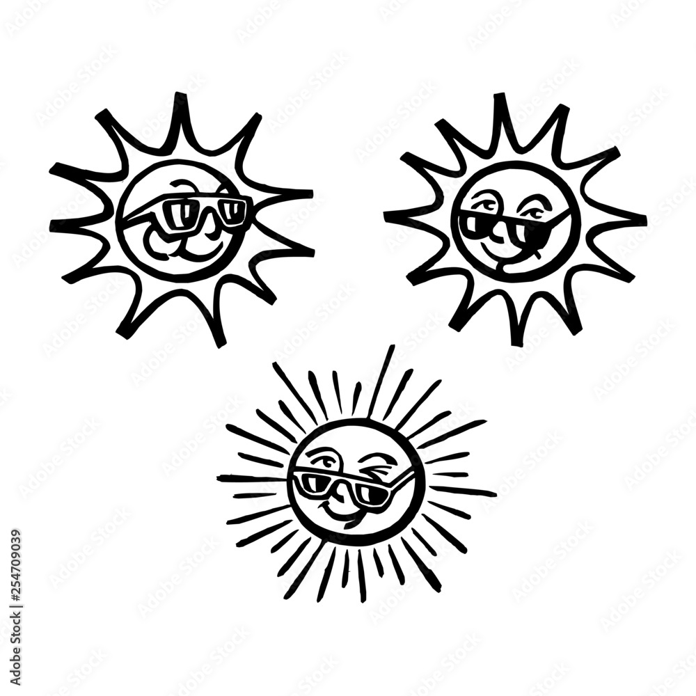 Sun with face and sunglasses, summer, vacation, sunbathing, black and white icon set Sun with face and sunglasses, summer, vacation, sunbathing, black and white icon set