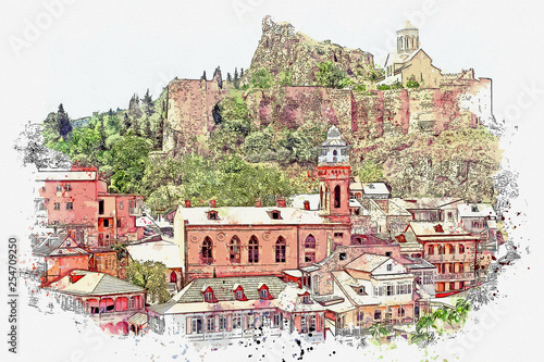 Watercolor sketch or illustration of a beautiful view of the ancient city architecture in Tbilisi in Georgia photo