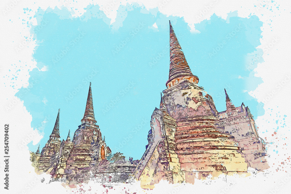 Fototapeta premium Watercolor sketch or illustration of a beautiful view of the ancient architecture of Wat Phra Si Sanphet in Ayutthaya in Thailand