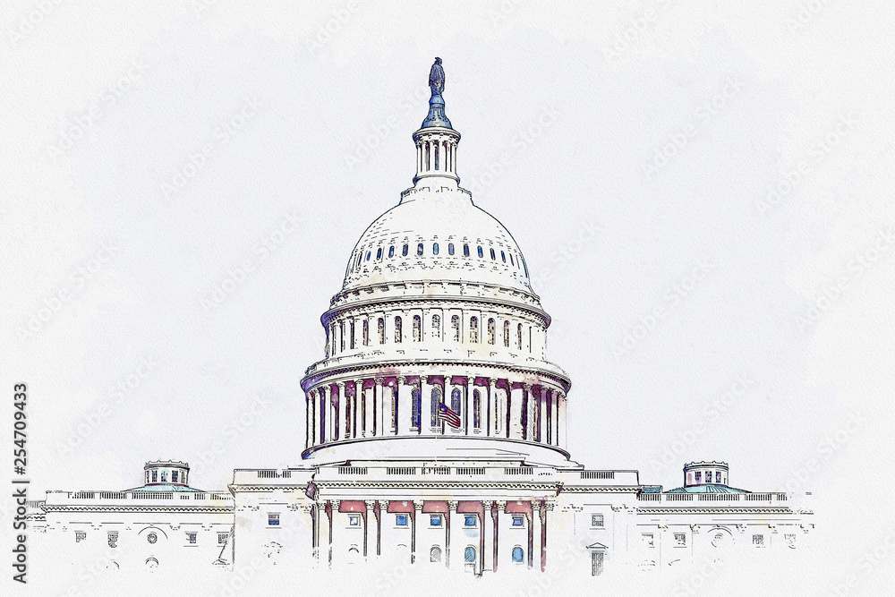 Watercolor sketch or illustration of a beautiful view of the US Capitol building in Washington DC in the USA