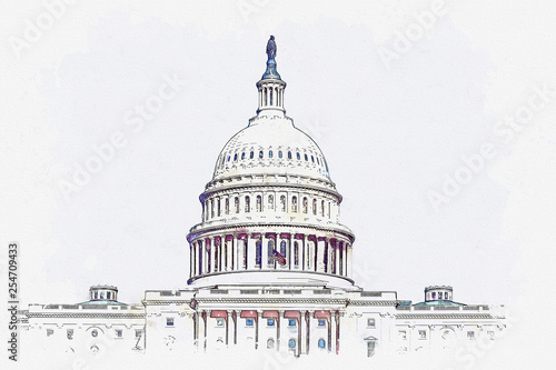 Watercolor sketch or illustration of a beautiful view of the US Capitol building in Washington DC in the USA