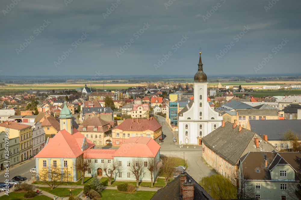 Panorama of a small town Jeseník, cloudy day.