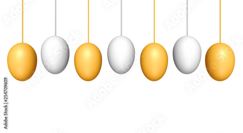 Gold and white color on easter eggs set which hang on rope and white background,3D rendering