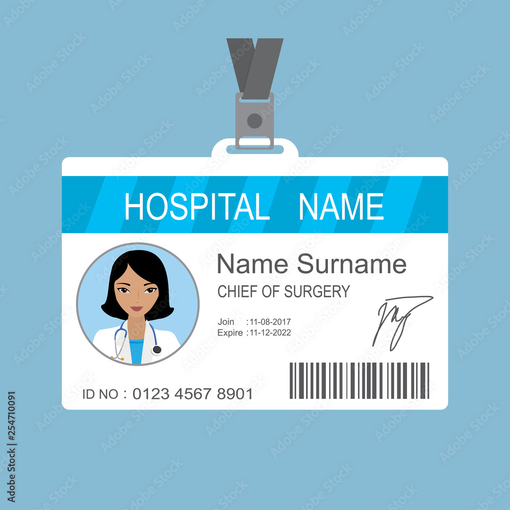 Female asian Doctor id card template,Medical identity badge with