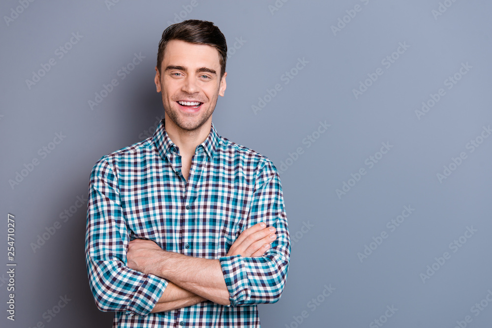Close up photo attractive amazing he him his man hands arms crossed self-confident laughing comic situation perfect stubble styling wearing casual plaid checkered outfit isolated grey background Close up photo attractive amazing he him his man hands arms crossed self-confident laughing comic situation perfect stubble styling wearing casual plaid checkered outfit isolated grey background