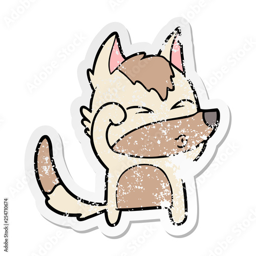 distressed sticker of a cartoon wolf pouting