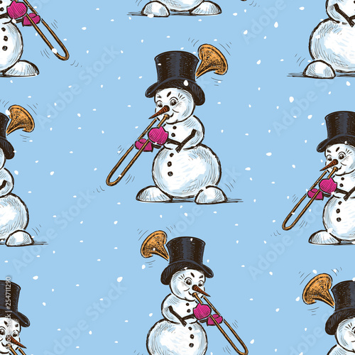 Seamless background of snowmen trumpeters