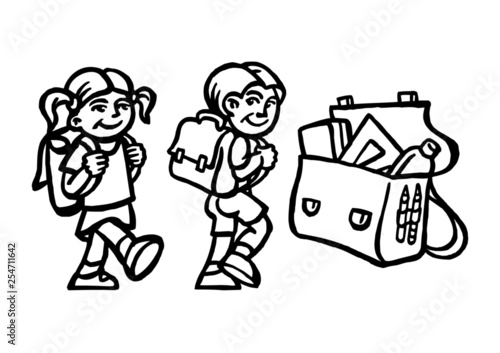 Schoolboy and Schoolgirl with school bags on back, open school bag with case and ruler, black and white icon set