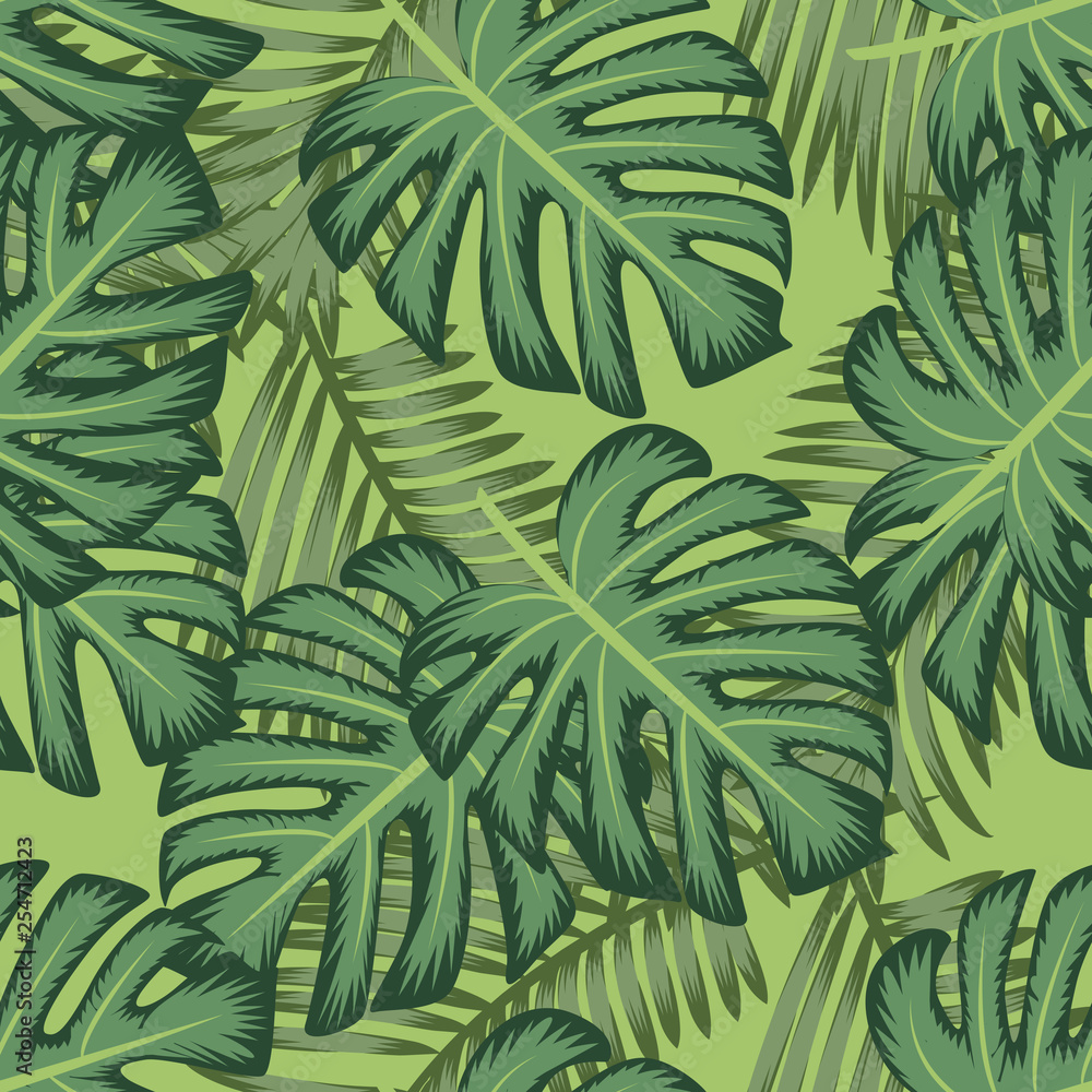 Seamless pattern with monstera and palm leaves. Exotic vector illustration.