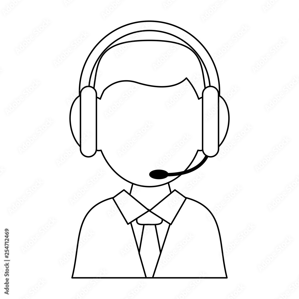 Call center agent with headphones avatar in black and white