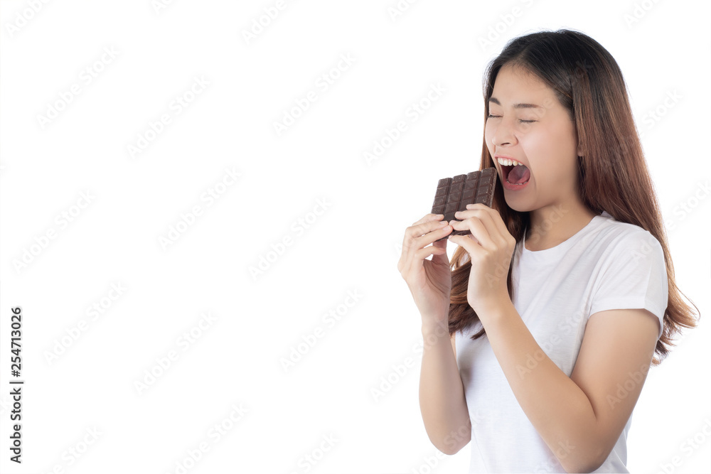 Asian beautiful woman with a happy smile holding a hand chocolate isolated on a white background. Asian beautiful woman with a happy smile holding a hand chocolate isolated on a white background.