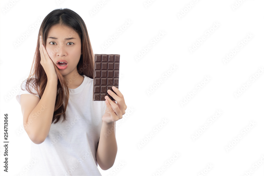Asian beautiful woman with a happy smile holding a hand chocolate isolated on a white background. Asian beautiful woman with a happy smile holding a hand chocolate isolated on a white background.