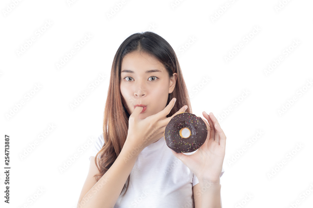 Beautiful woman with a happy smile holding a hand donut, isolated on white background. Beautiful woman with a happy smile holding a hand donut, isolated on white background.