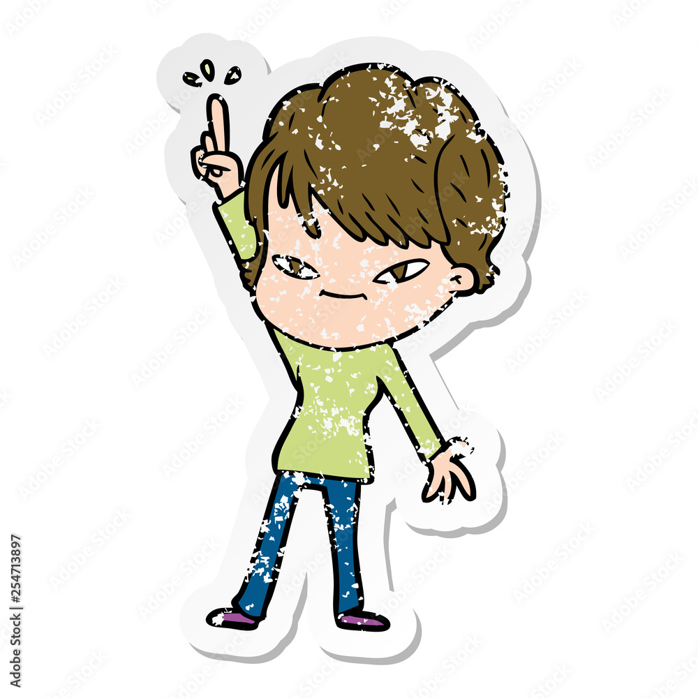 distressed sticker of a cartoon happy woman distressed sticker of a cartoon happy woman