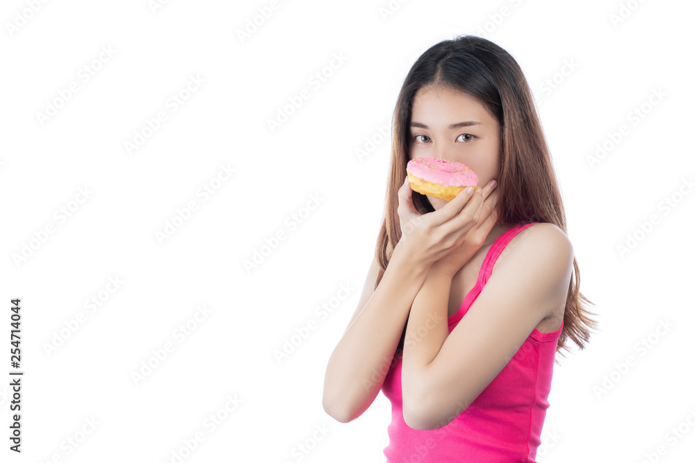 Beautiful woman with a happy smile holding a hand donut, isolated on white background. Beautiful woman with a happy smile holding a hand donut, isolated on white background.