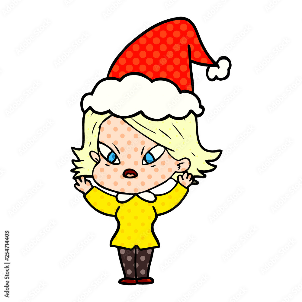 comic book style illustration of a stressed woman wearing santa hat comic book style illustration of a stressed woman wearing santa hat