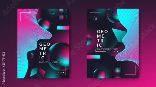 abstract  creative posters flyer design with 3d geometric shapes dynamic waves on dark background