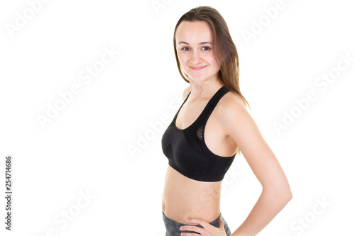 Weight loss fitness woman young sporty caucasian girl model isolated on white background