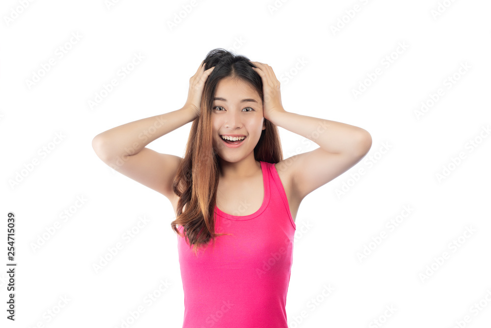 A beautiful woman wearing a pink shirt shows a frustrated look. on the White Blackground A beautiful woman wearing a pink shirt shows a frustrated look. on the White Blackground