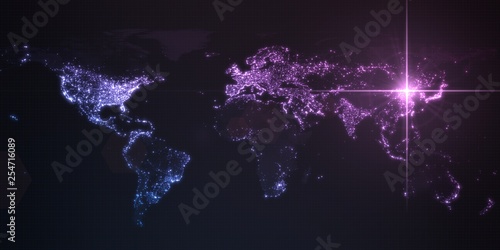 power of china, energy beam on Beijing. dark map with illuminated cities and human density areas. 3d illustration