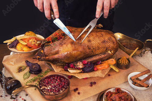 Roasted stuffed goose with ...