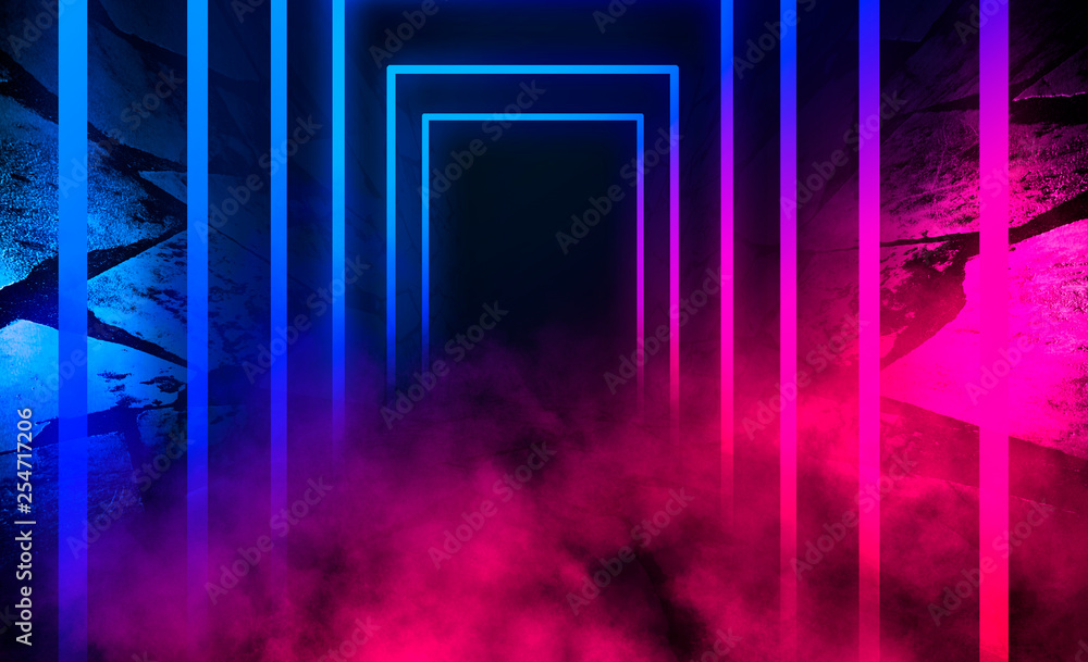 Obraz premium The background of an empty room with a concrete floor and walls, blue and pink neon lights, laser figures in the center, smoke