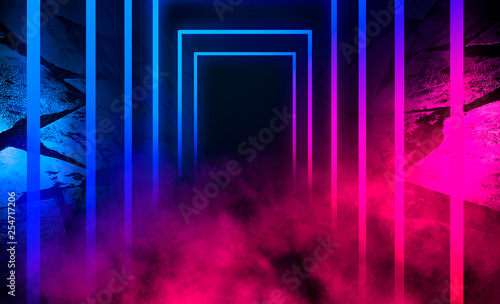 Fototapeta Naklejka Na Ścianę i Meble -  The background of an empty room with a concrete floor and walls, blue and pink neon lights, laser figures in the center, smoke