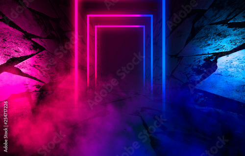 The background of an empty room with a concrete floor and walls, blue and pink neon lights, laser figures in the center, smoke