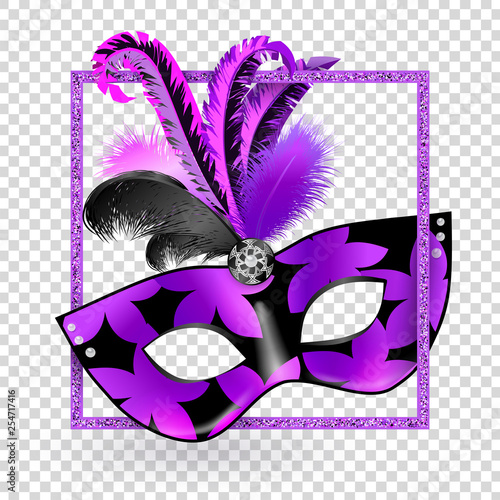 Carnival Mask with pink black lilac feathers in square on transparency background. Happy carnival festive concept. Vector illustration . Mardi gras