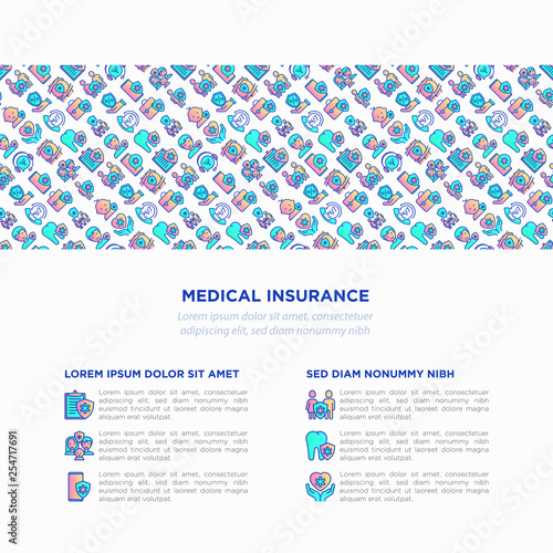 Medical insurance concept with thin line icons: policy, life insurance, psychological support, maternity program, 24/7 support, mobile app, telemedicine.  Vector illustration, template for print media