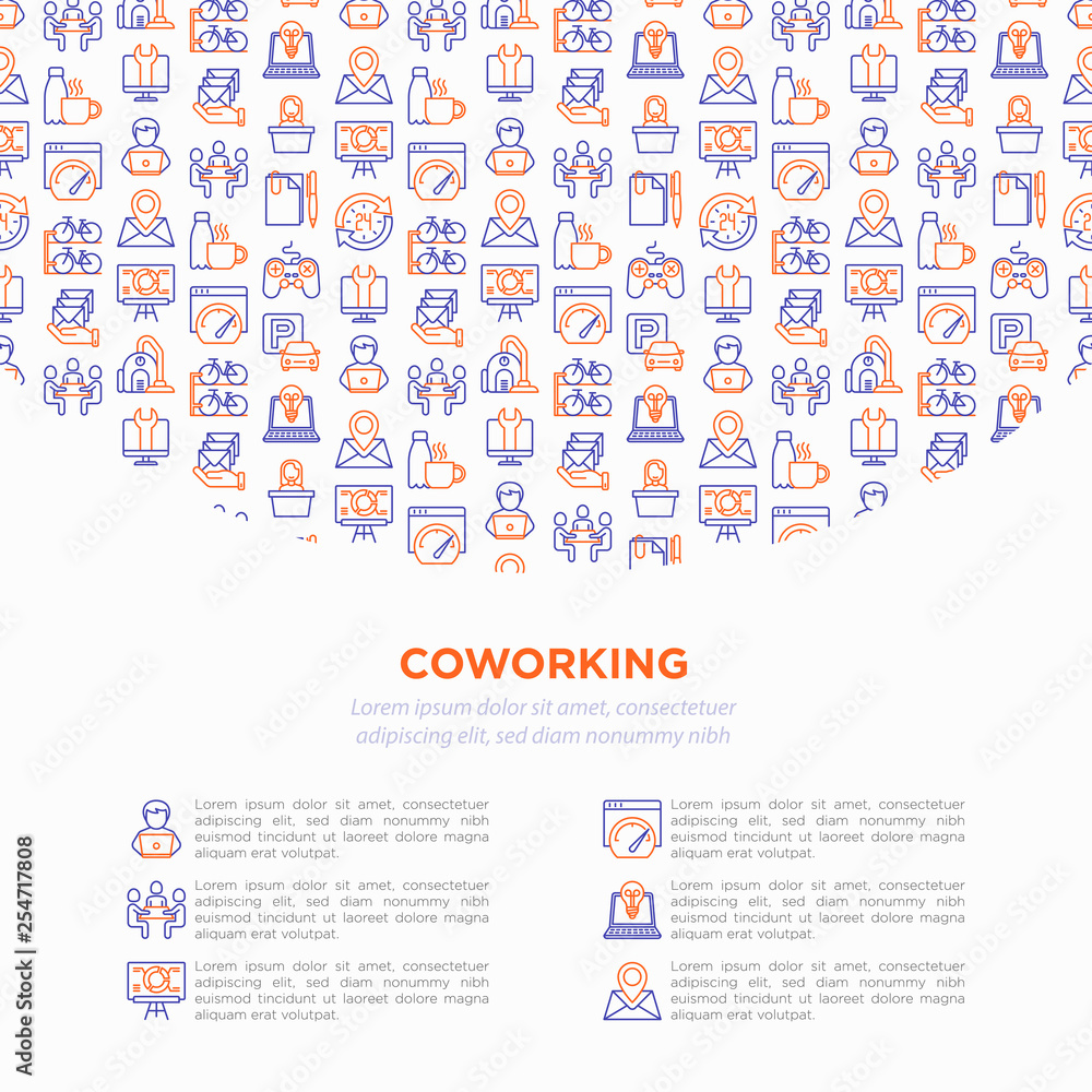 Coworking office concept with thin line icons: workplace, meeting room, reception, legal address, fast internet, 24 hour access, IT support, bike storage, recreation zone. Vector illustration.
