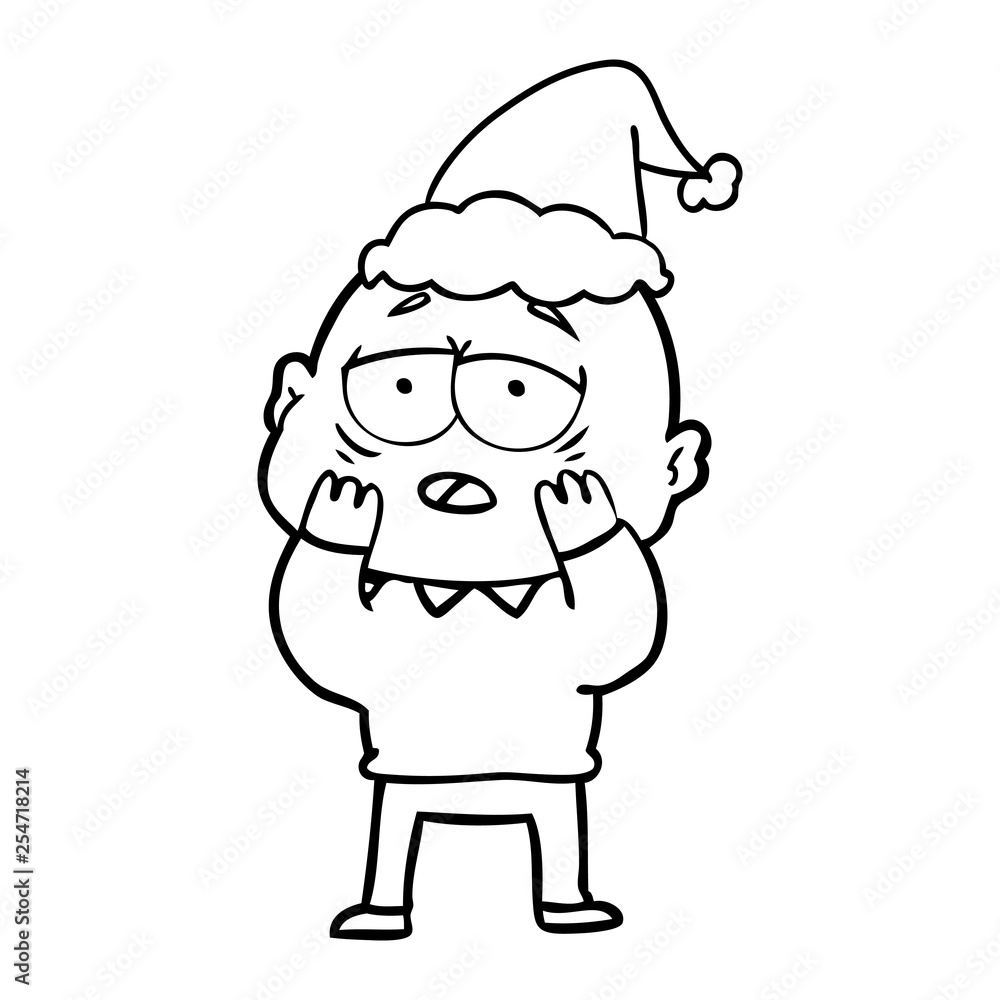 line drawing of a tired bald man wearing santa hat
