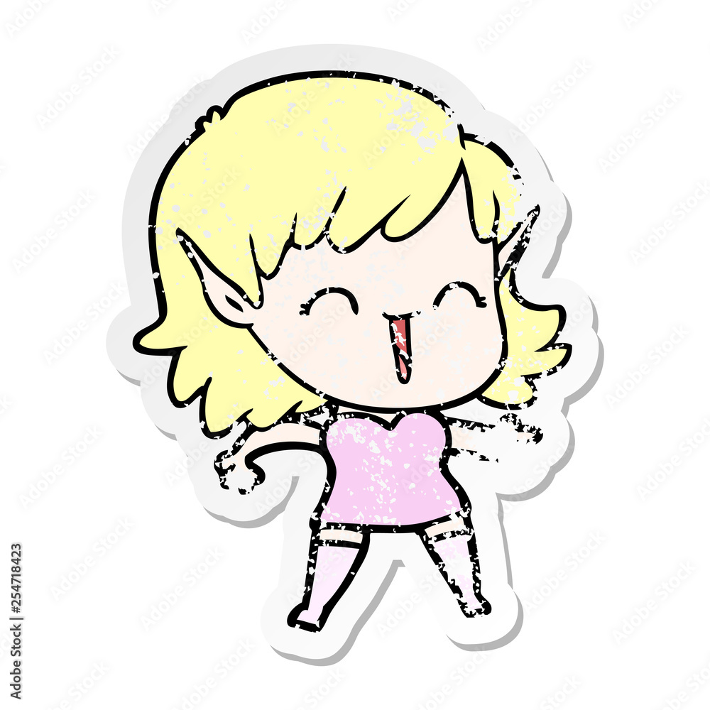 distressed sticker of a cartoon elf girl distressed sticker of a cartoon elf girl